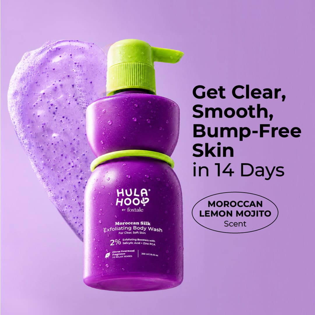 Foxtale Hula Hoop Moroccan Silk Exfoliating Body Acne Wash purple bottle product packaging