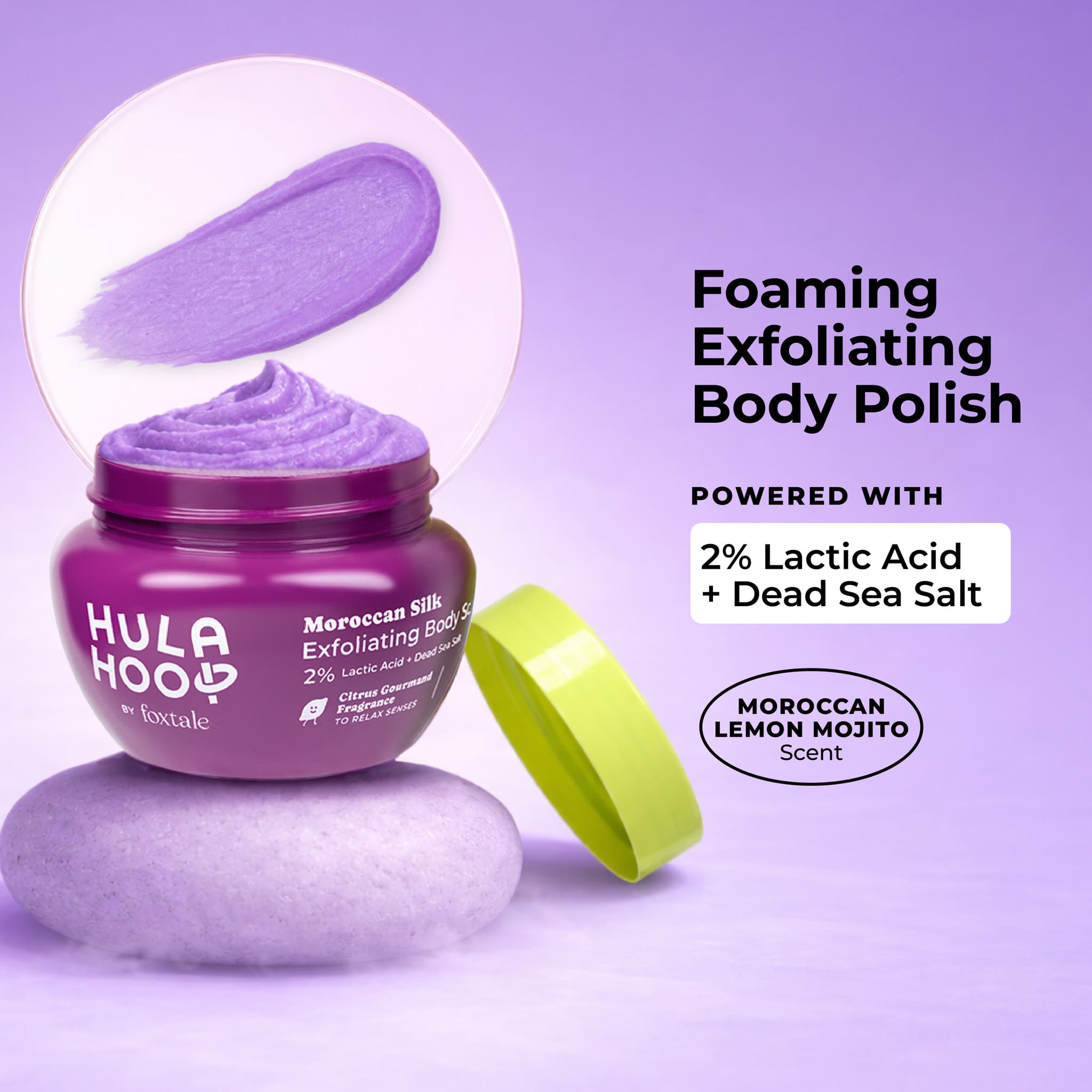 Foxtale Hula Hoop Moroccan Silk Foaming Exfoliating Body Polish purple jar product packaging