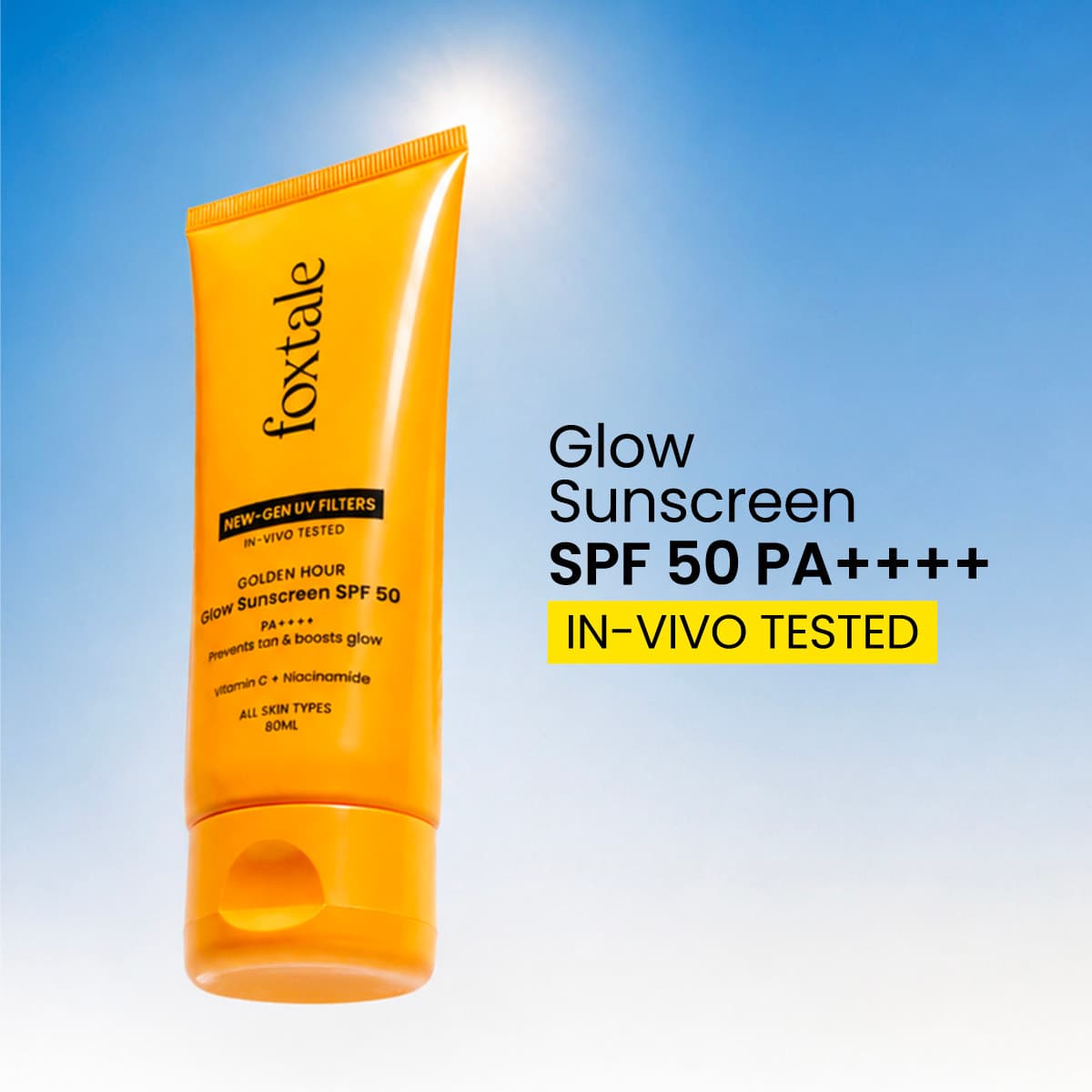 Foxtale sunscreen range including Glow, Ultra Matte, and Dewy Finish Sunscreen tubes