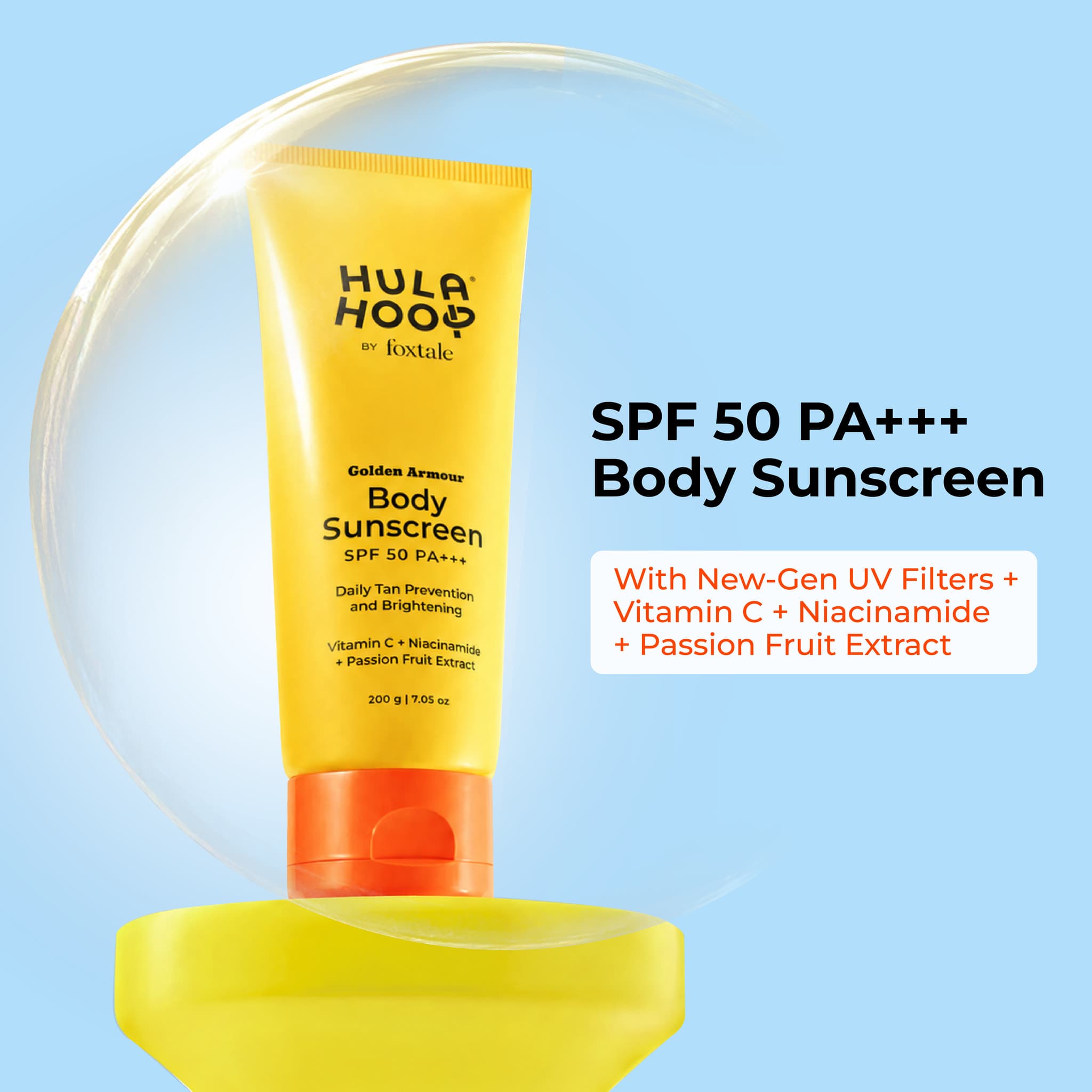 Hula Hoop by Foxtale Golden Armour Body Glow Sunscreen SPF 50 PA+++ tube product packaging