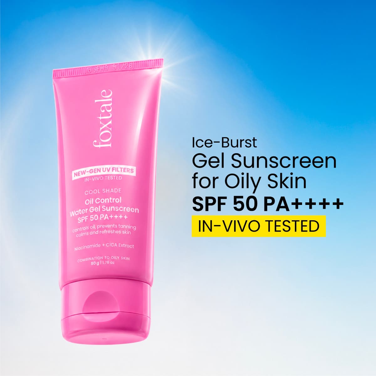 Foxtale Ice-Burst Cooling Matte Gel Sunscreen SPF 50 PA++++ pink tube product packaging
