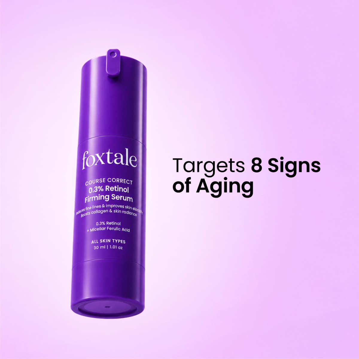 Foxtale Course Correct 0.3% Retinol + Ferulic Acid Serum purple bottle product packaging