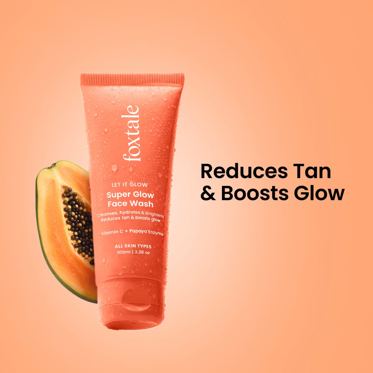 Foxtale Super Glow De-Tan Face Wash coral-colored tube product packaging
