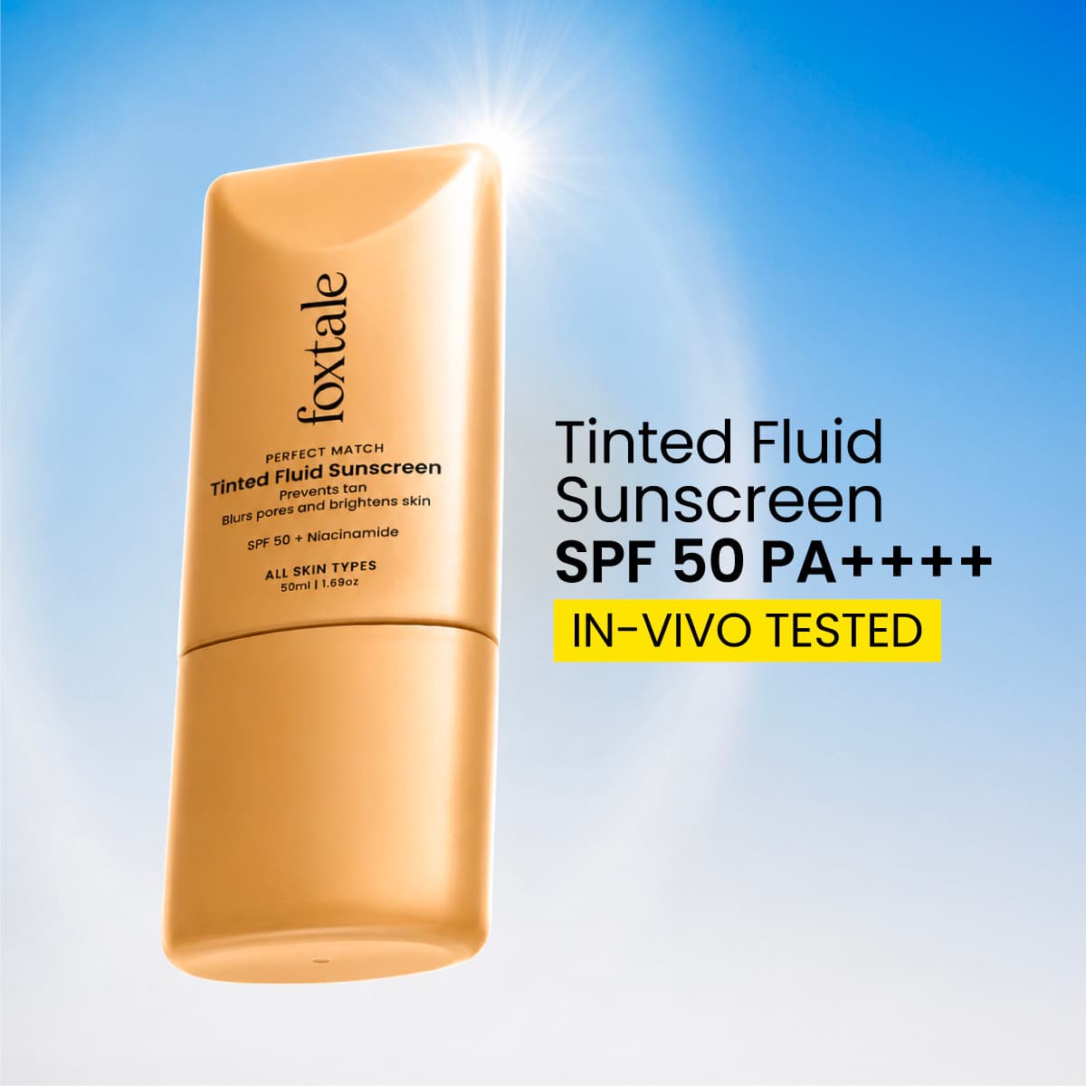 Foxtale Tinted Fluid Sunscreen SPF 50 PA++++ tan-colored tube product packaging
