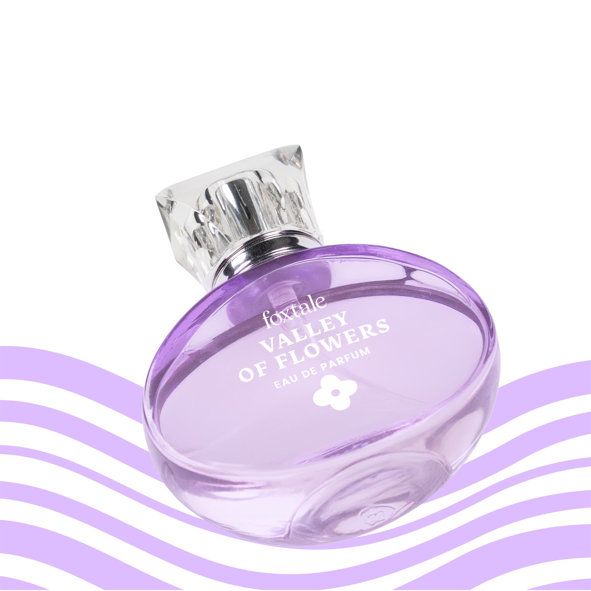 Foxtale Valley of Flowers Eau de Parfum purple round bottle product packaging